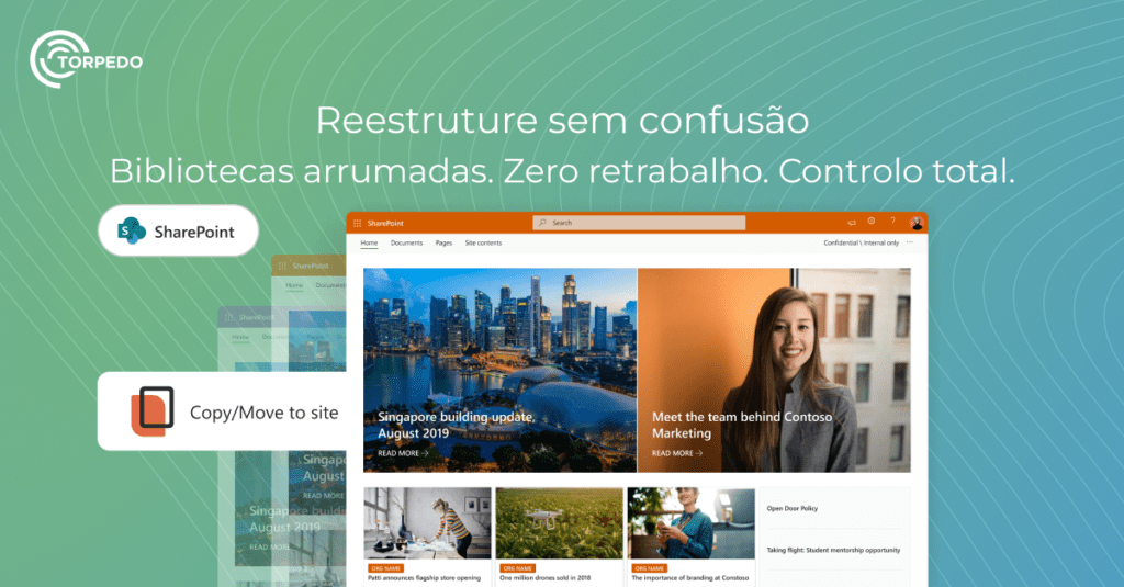Interface do SharePoint com páginas de exemplo e destaque da extensão “Copy/Move to site”, acompanhado pelo texto promocional “Reestruture sem confusão. Bibliotecas arrumadas. Zero retrabalho. Controlo total.”
