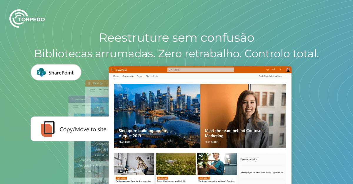 Interface do SharePoint com páginas de exemplo e destaque da extensão “Copy/Move to site”, acompanhado pelo texto promocional “Reestruture sem confusão. Bibliotecas arrumadas. Zero retrabalho. Controlo total.”