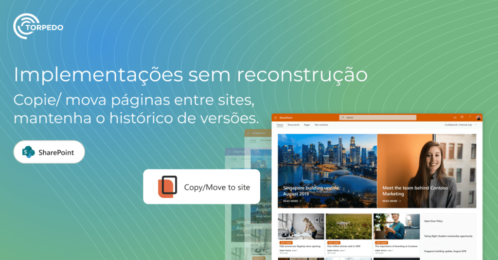 Imagem do SharePoint a apresentar páginas de exemplo e o destaque da extensão “Copy/Move to site”, acompanhada pelo texto “Implementações sem reconstrução. Copie/mova páginas entre sites, mantenha o histórico de versões.”